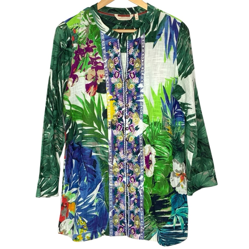 Soft Surroundings Tropical Floral Button up Tunic Blouse Embroidery Beads Size M
